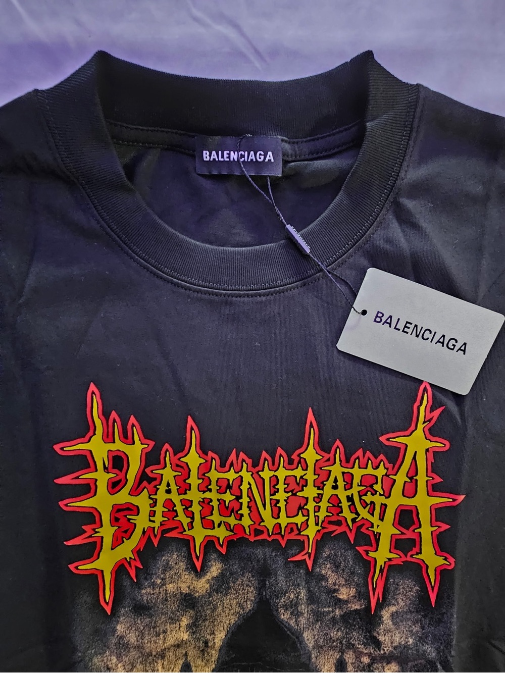 Balenciaga Black Short-Sleeve Tee with Red-Yellow Flame Logo - Picture 2 of 6